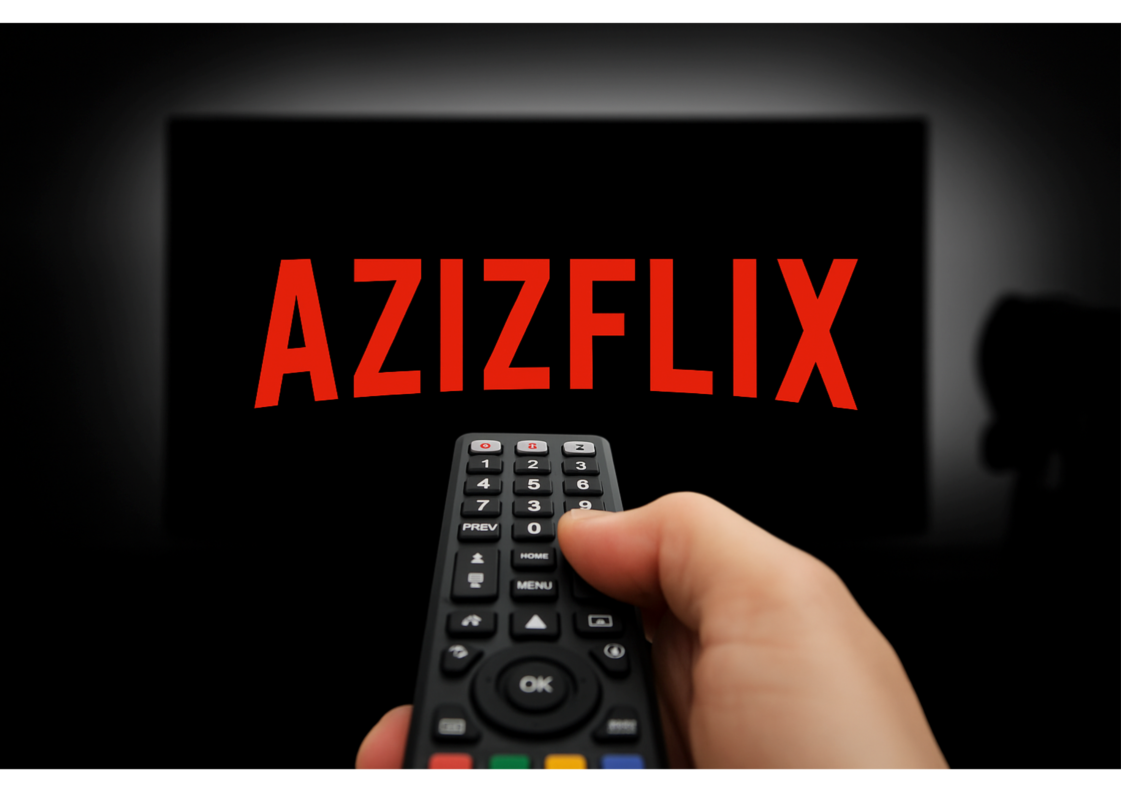 AZIZFLIX video hub visual featuring a hand with a remote control and the bold AZIZFLIX logo, symbolizing premium video access.