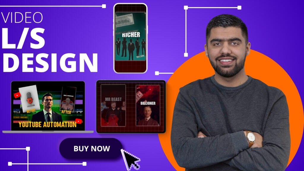 Wersin Aziz in front of a vibrant layout showcasing video editing tools and “L/S DESIGN” title, representing his professional video design services.