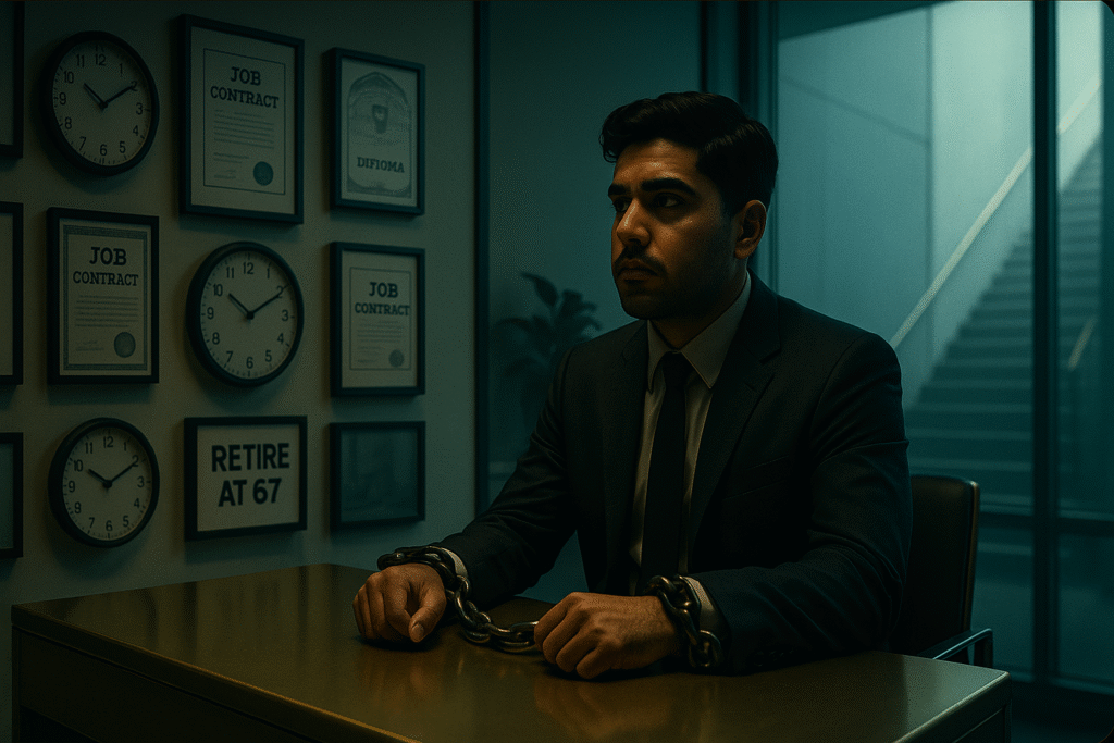 A man in a suit sits handcuffed at a desk, surrounded by job contracts, clocks, and a sign that reads “Retire at 67” — visualizing the illusion of freedom in modern life.
