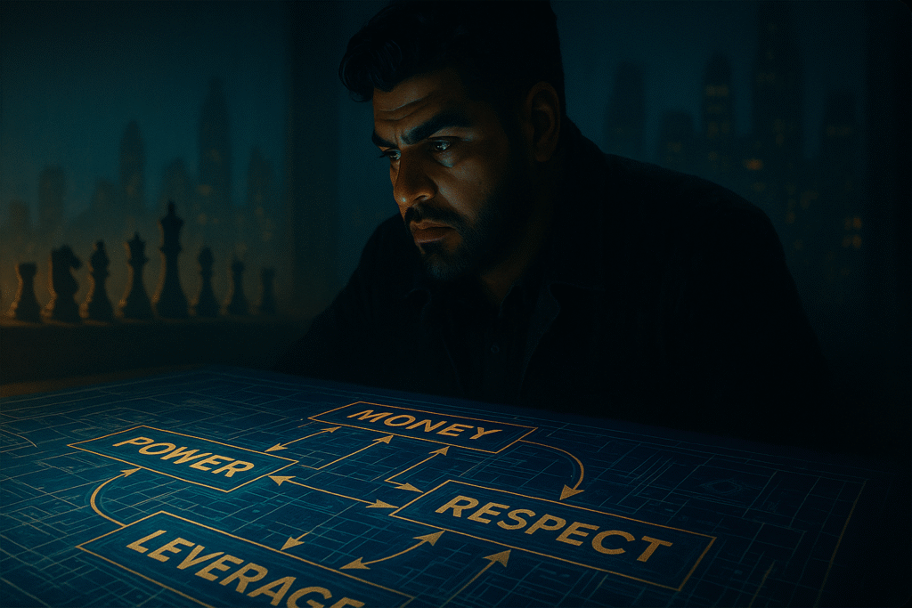 Wersin Aziz studying a glowing blueprint that reveals a hidden system of Money, Power, Respect, and Leverage — symbolizing the strategic map beneath societal illusions.