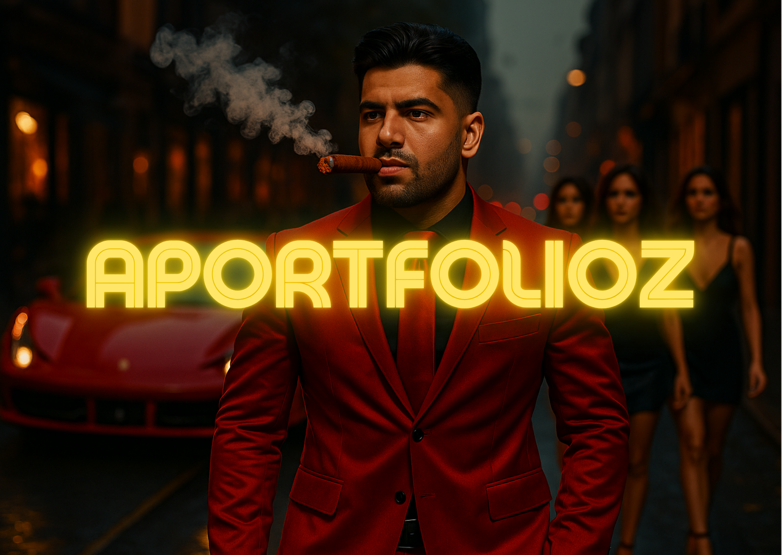 Man in red suit confidently walking with cigar in mouth, glowing text 'APORTFOLIOZ' in yellow, luxury background with red sports car and women behind him.
