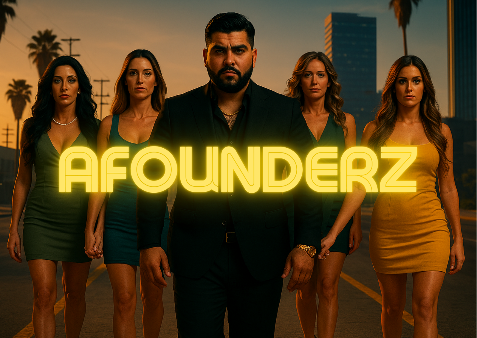 Confident man in a black suit walking down the street, surrounded by four stylish women, with glowing yellow title ‘AFOUNDERZ’.
