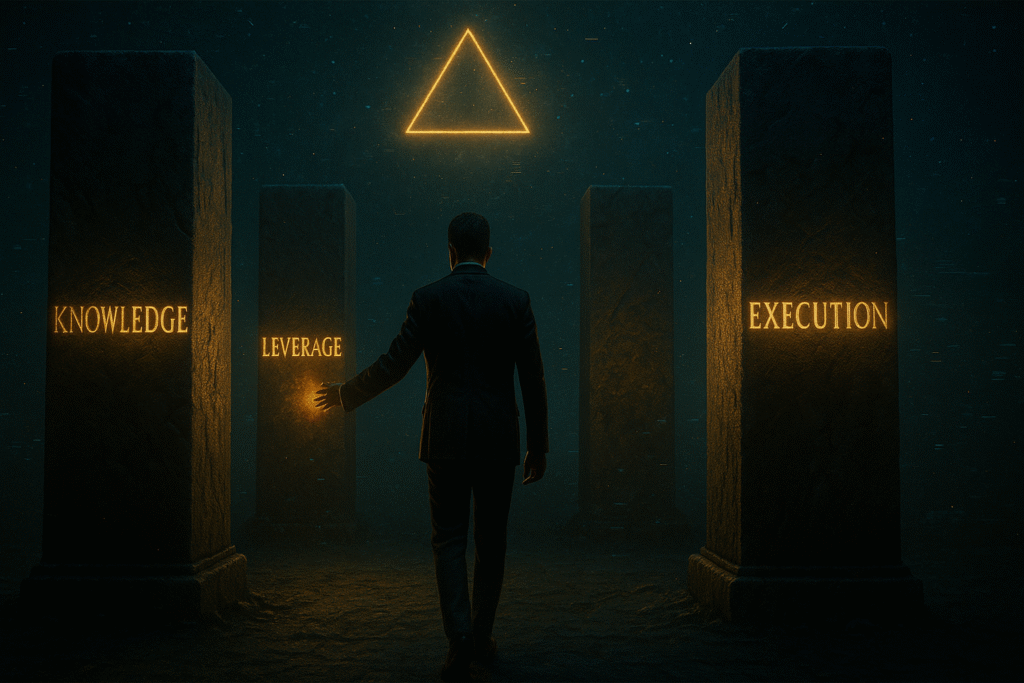 A man in a suit stands between three illuminated pillars labeled Knowledge, Leverage, and Execution — representing the hidden strategic levers in Wersin Aziz’s system thinking model.