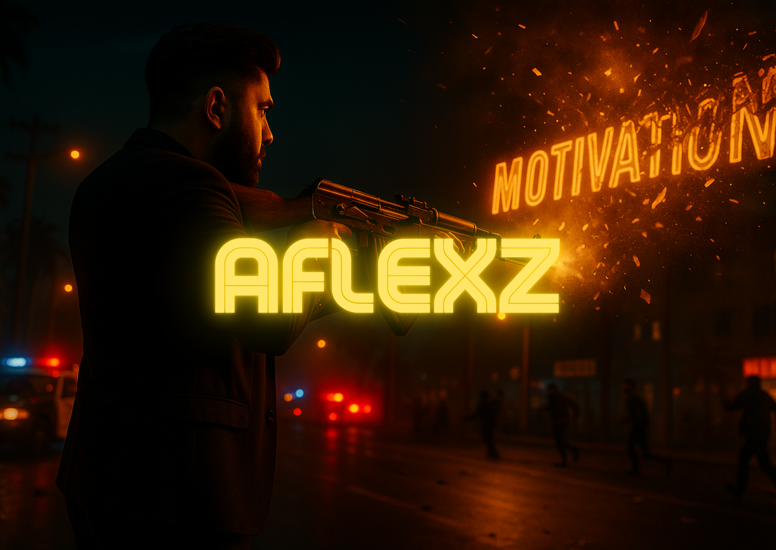 Man in suit with rifle blasting the word "Motivation", symbolizing the destruction of hype through cinematic video content  AFLEXZ  