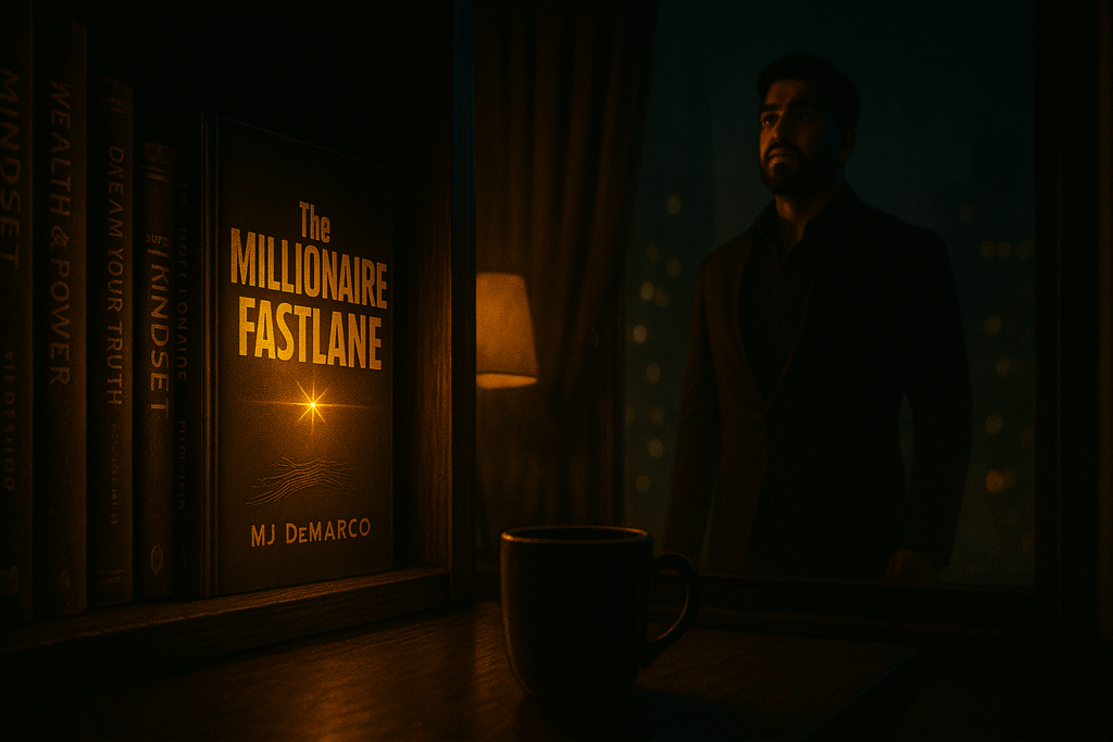 A cinematic scene of Wersin Aziz reflected in a window, looking at a bookshelf where “The Millionaire Fastlane” glows under warm light — symbolizing the book that sparked his awakening.