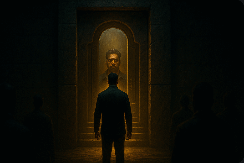A man stands before a giant stone door with no handle — only a mirror. In the reflection, he sees himself, symbolizing the realization that he is the key to his own freedom.