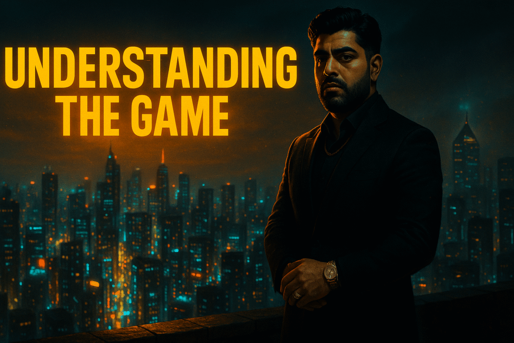 Wersin Aziz standing in a dark city skyline, facing forward in a black suit with the title “UNDERSTANDING THE GAME” glowing beside him — symbolizing elite money knowledge and mental clarity.