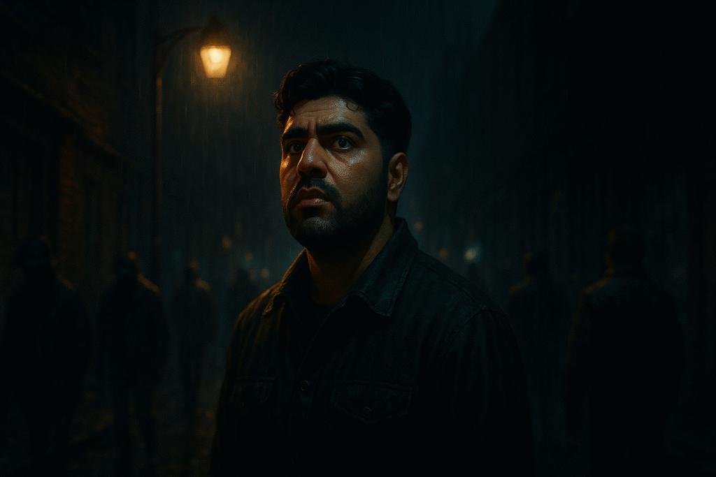Wersin Aziz standing alone in a dimly lit alley, surrounded by shadows, with a look of realization — symbolizing awareness of the hidden system behind daily life.