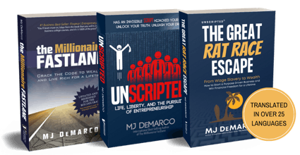 Covers of MJ DeMarco's books “The Millionaire Fastlane”, “Unscripted” and “The Great Rat Race Escape” — foundational reads on wealth, freedom, and leverage.
