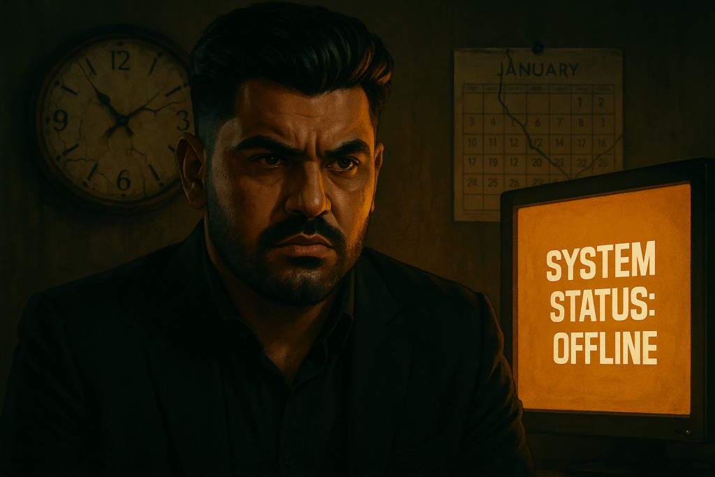 Wersin Aziz sitting in a dark room with a cracked clock, a broken calendar, and a glowing screen showing "SYSTEM STATUS: OFFLINE" Title: No One’s Coming – WA FILM GTA Visual