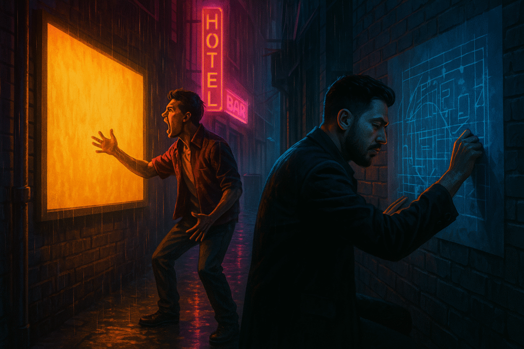 In a rainy alley, two men face walls. One man screams at a glowing orange screen. The other, calm and dressed in black, draws a detailed blueprint with glowing lines. A clear contrast between emotion and execution.