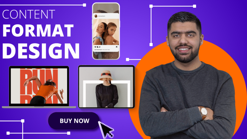 Wersin Aziz standing in front of a content board with the text “FORMAT DESIGN”, showcasing his structured approach to content creation and digital authority.