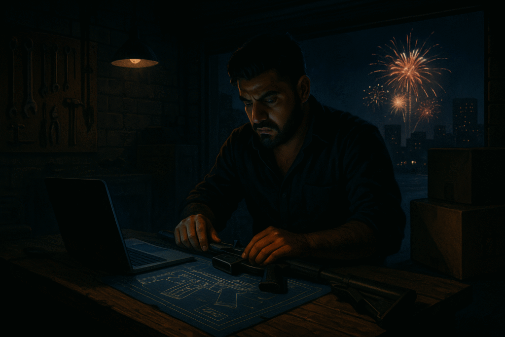 A man in a dark workshop intensely studies a glowing blueprint on his desk. Outside the window, fireworks light up the city skyline. A rifle lies disassembled next to the blueprint — symbolizing preparation, not violence.
