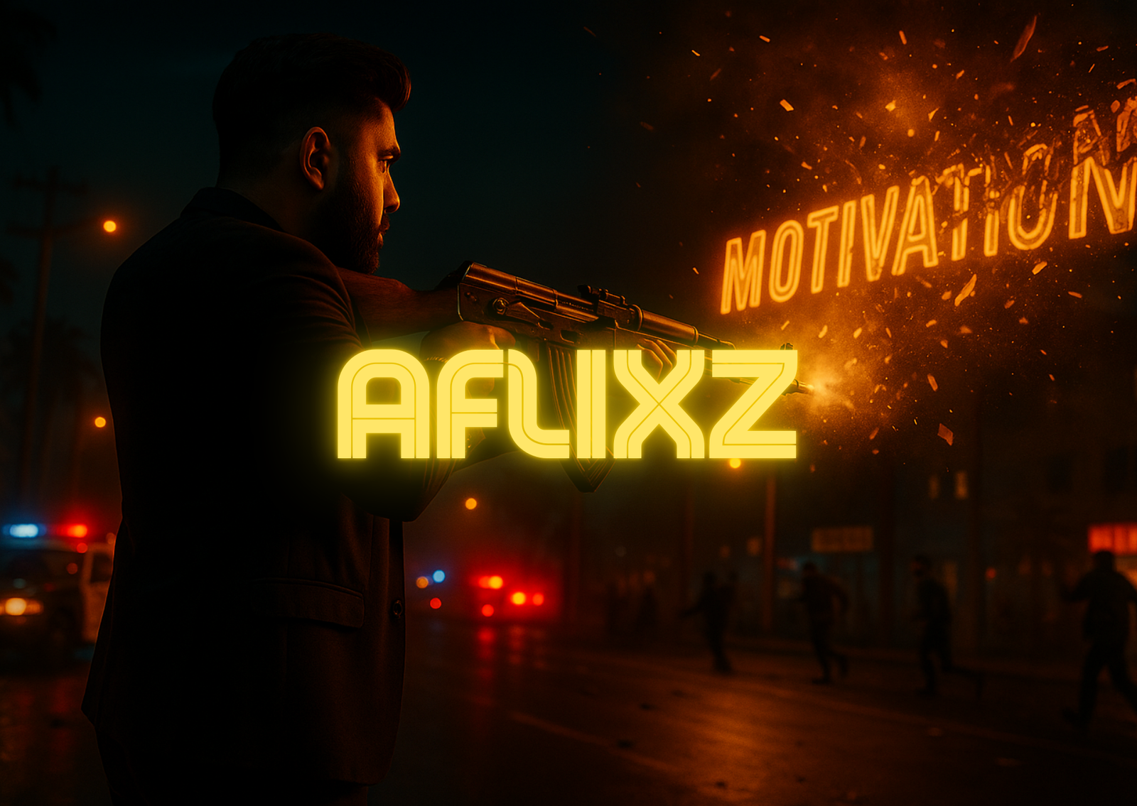 AFLIXZ Man in suit with rifle blasting the word "Motivation", symbolizing the destruction of hype through cinematic video content AFLIXZ