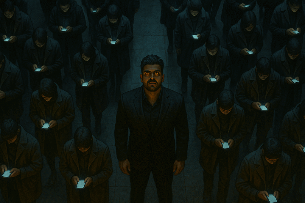 Alt Text: Wersin Aziz standing among a crowd staring at phones, glowing golden eyes, bird’s-eye cinematic GTA-style scene Title: Wake-Up Call – WA FILM GTA Visual Caption: One looks up while thousands scroll down. Description: A top-down cinematic visual of Wersin Aziz in a dark crowd of people staring at their phones. His glowing eyes break the pattern — he’s awake. A symbol of realization in the digital age.