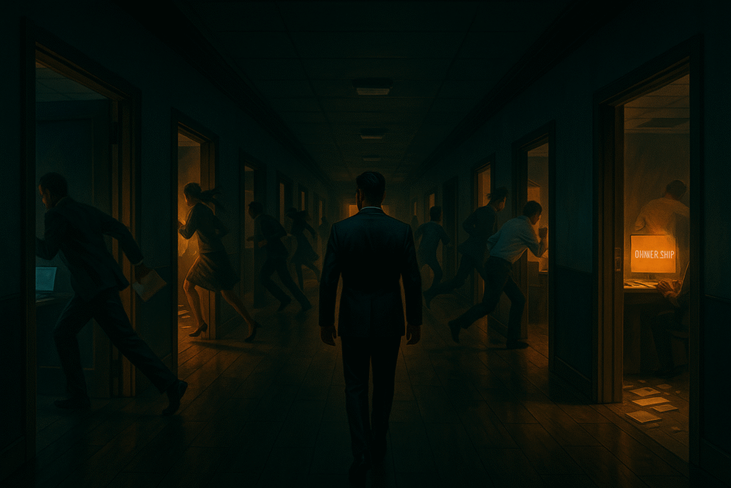 A man in a suit walks door a dark corporate hallway. People rush frantically into glowing office doors marked with chaos. Only one room at the end glows with the word “Ownership.”