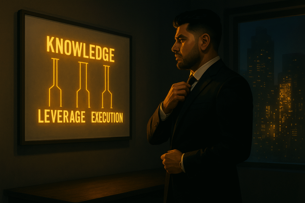 A man in a suit stands in front of a glowing wall with the words: Knowledge, Leverage, Execution. City skyline in the background.