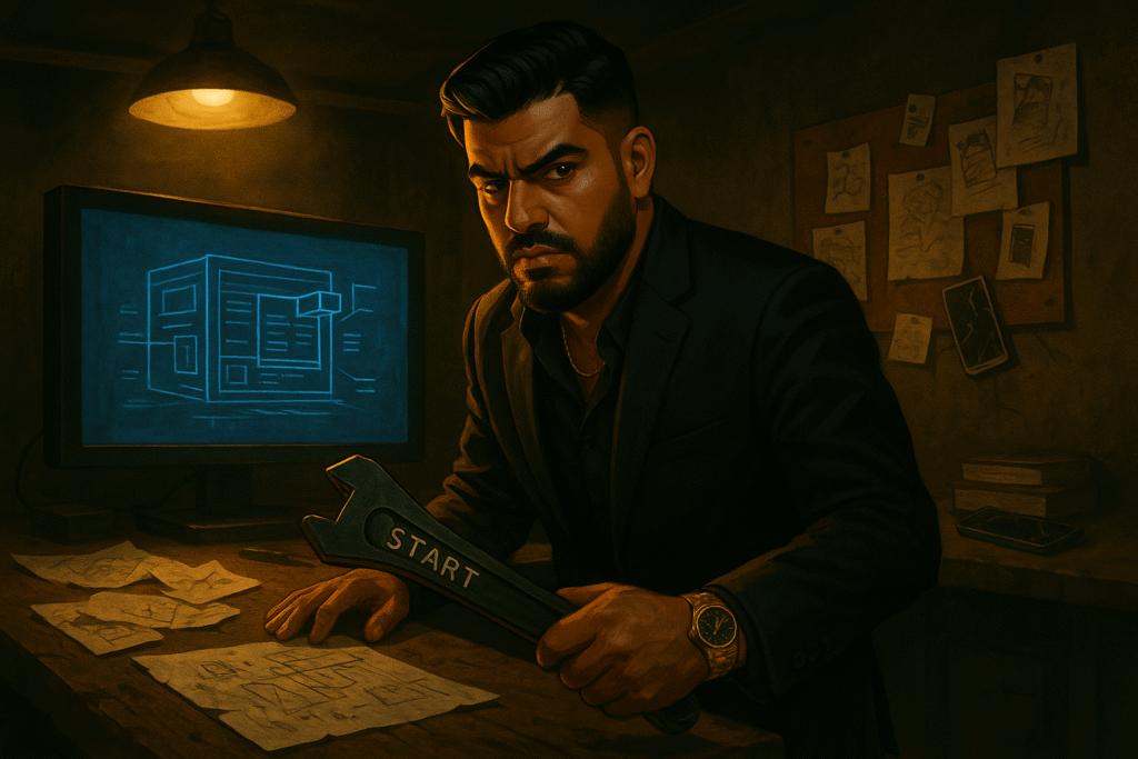 Wersin Aziz stands in an underground bunker holding a tool labeled “START” while blueprinting a digital platform on screen