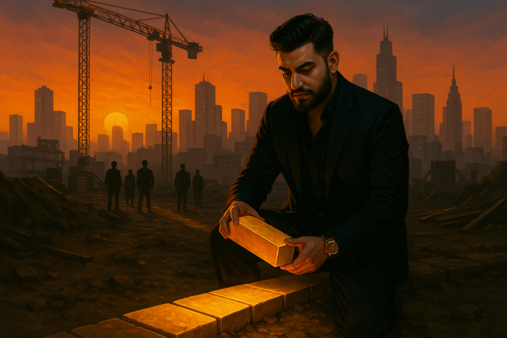 A man in a suit kneels at sunset on a construction site, laying a glowing golden brick onto a path. Behind him, skyscrapers and cranes mark the fading Matrix.