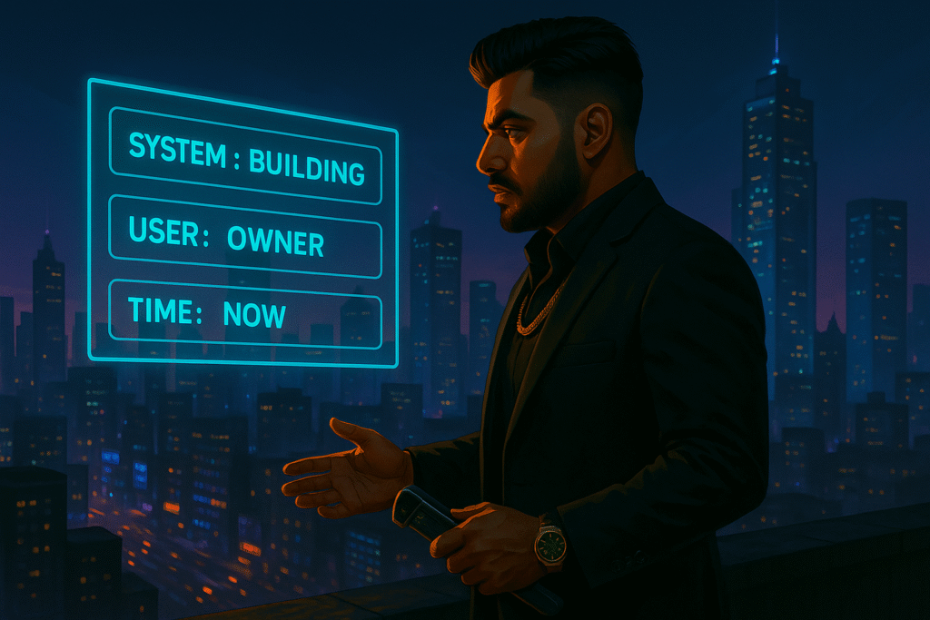 Wersin Aziz stands on a rooftop at night overlooking a neon cyber city while interacting with a glowing interface showing SYSTEM: BUILDING