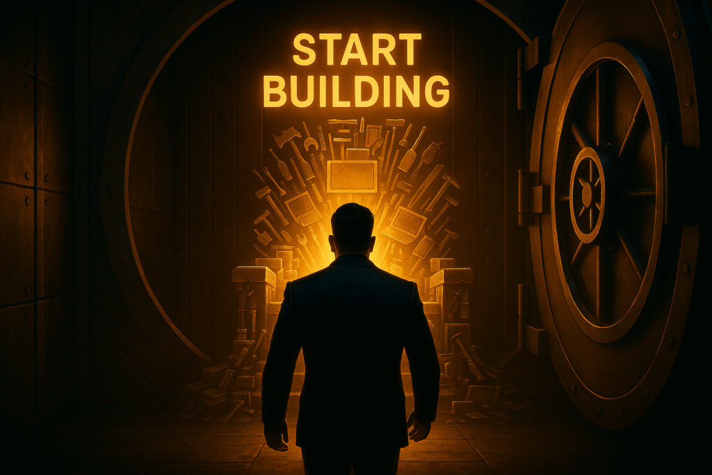 A cinematic scene of a glowing throne made of tools and digital systems inside a vault, with a man standing before it, ready to sit