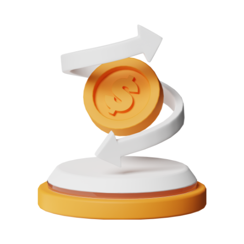 CASHFLOW 3D coin with upward arrows on a base, symbolizing cashflow growth, testing and iteration — representing Wersin Aziz’s execution lab for income creation.