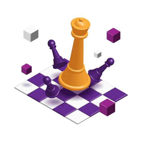 CHESS Golden chess king standing on a purple-and-white board surrounded by digital cubes — representing Wersin Aziz’s CHESS ZONE, a space for strategic execution and mental discipline.