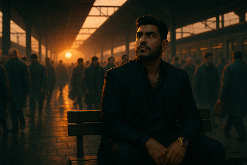 A man in a black suit sits alone on a bench in a busy train station. Everyone else moves in the same direction, while he stares upward with awareness and calm. The world rushes around him — but he has decoded the system.