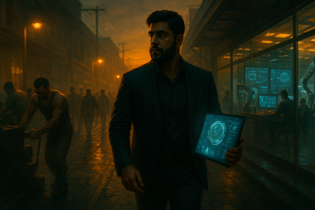 Wersin Aziz walks through a dark factory alley holding a glowing AI tablet while workers labor in the background and machines run behind glass walls. A cinematic contrast between human grind and digital power.