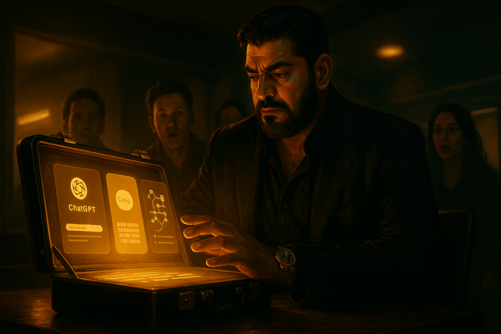 Wersin Aziz opens a glowing AI toolkit in a dark boardroom, revealing icons like ChatGPT and Caktus, while others look on in shock. The atmosphere shows awe, innovation, and digital dominance.