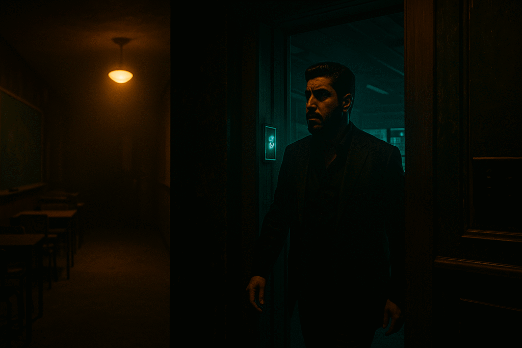 Wersin Aziz walks out of a dark, outdated classroom into a glowing futuristic hallway, symbolizing the shift from traditional education to AI-powered freedom.