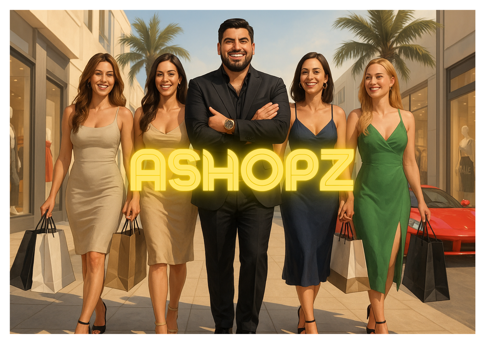 Stylish group shopping in luxury area.