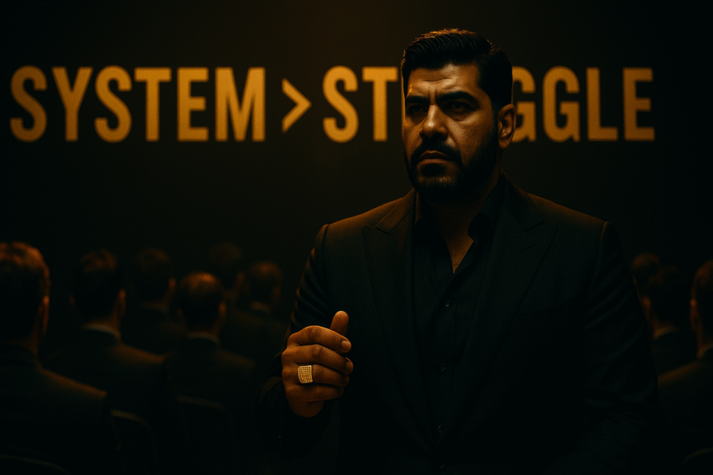 Wersin Aziz stands in front of an audience in a dark conference room, delivering a powerful speech. Behind him, the words “SYSTEM > STRUGGLE” glow in gold — a symbol of systemized success through AI.