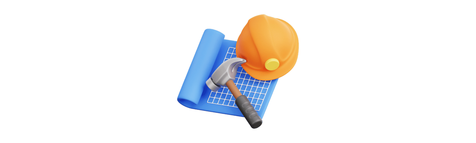 Blueprint icon with construction tools — helmet, hammer, and blueprint scroll