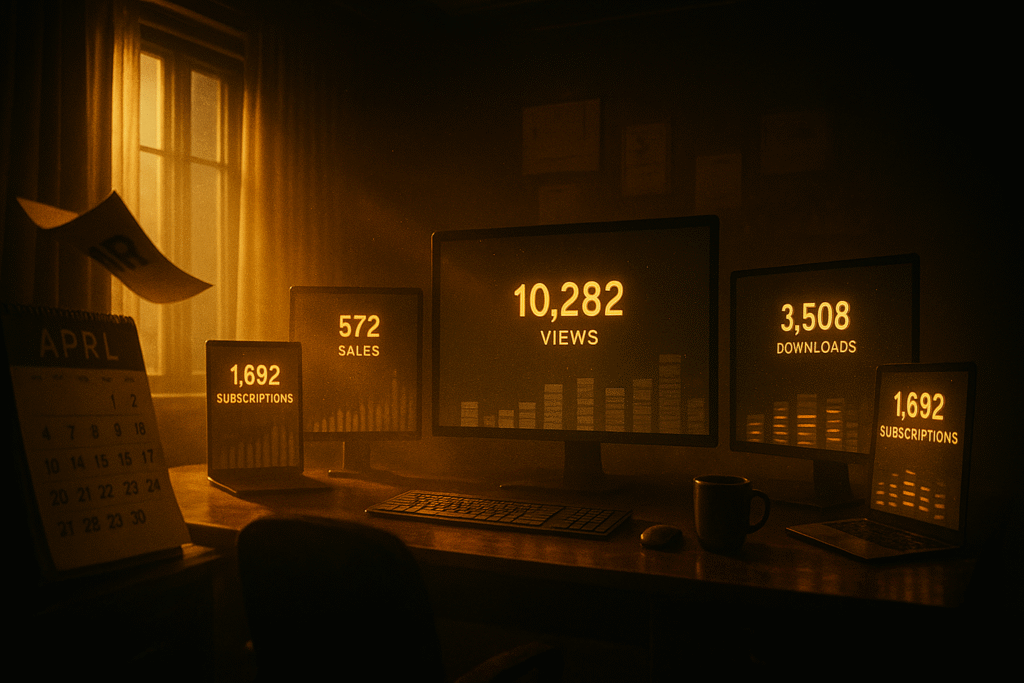 Desk with screens showing digital revenue stats like views, downloads, sales, and subscriptions.