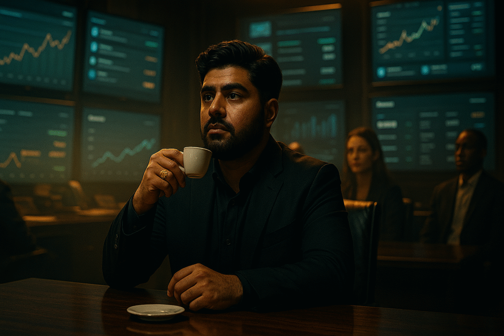 Confident man in suit drinking espresso in boardroom with financial charts behind hi