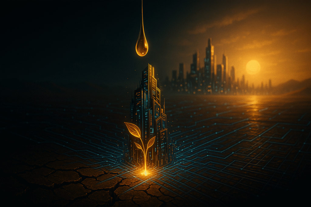 A golden droplet activates a futuristic digital sprout that evolves into a glowing skyscraper, with a city skyline in the distance.