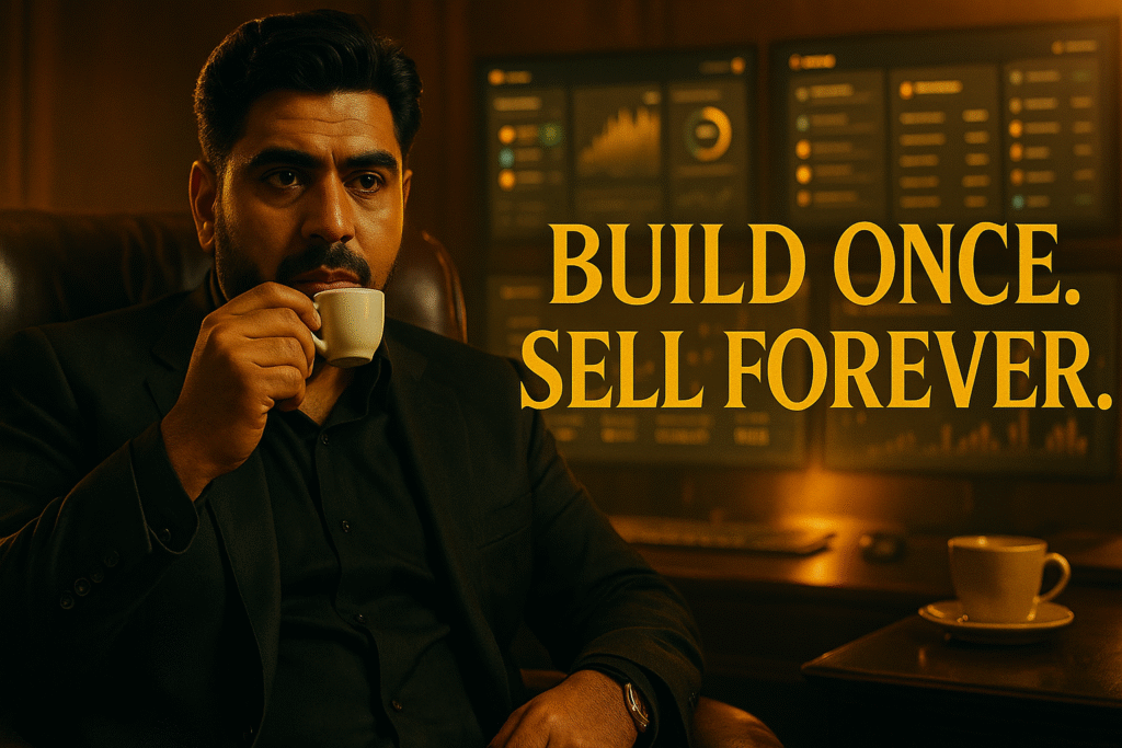 Mob boss entrepreneur sipping espresso in luxury office with digital dashboards – cinematic thumbnail for “Build Once. Sell Forever”