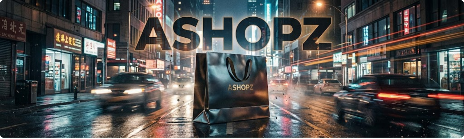 ASHOPZ black shopping bag in fast-paced neon city street with cars.