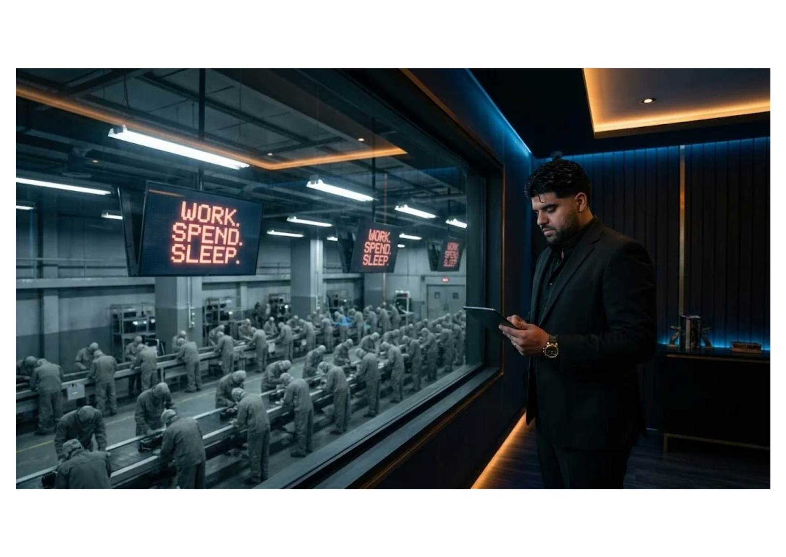 Man in suit observing factory workers under control banners