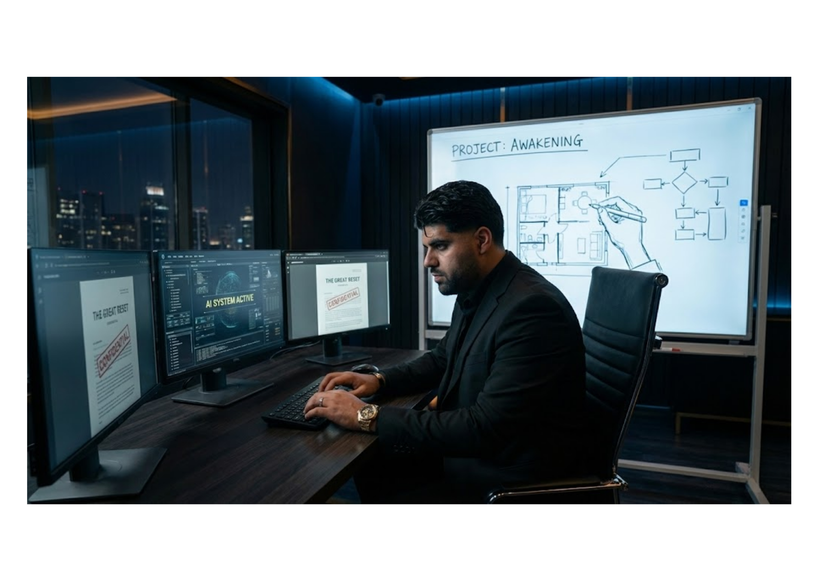 Man in suit building digital system with three screens and flowchart
