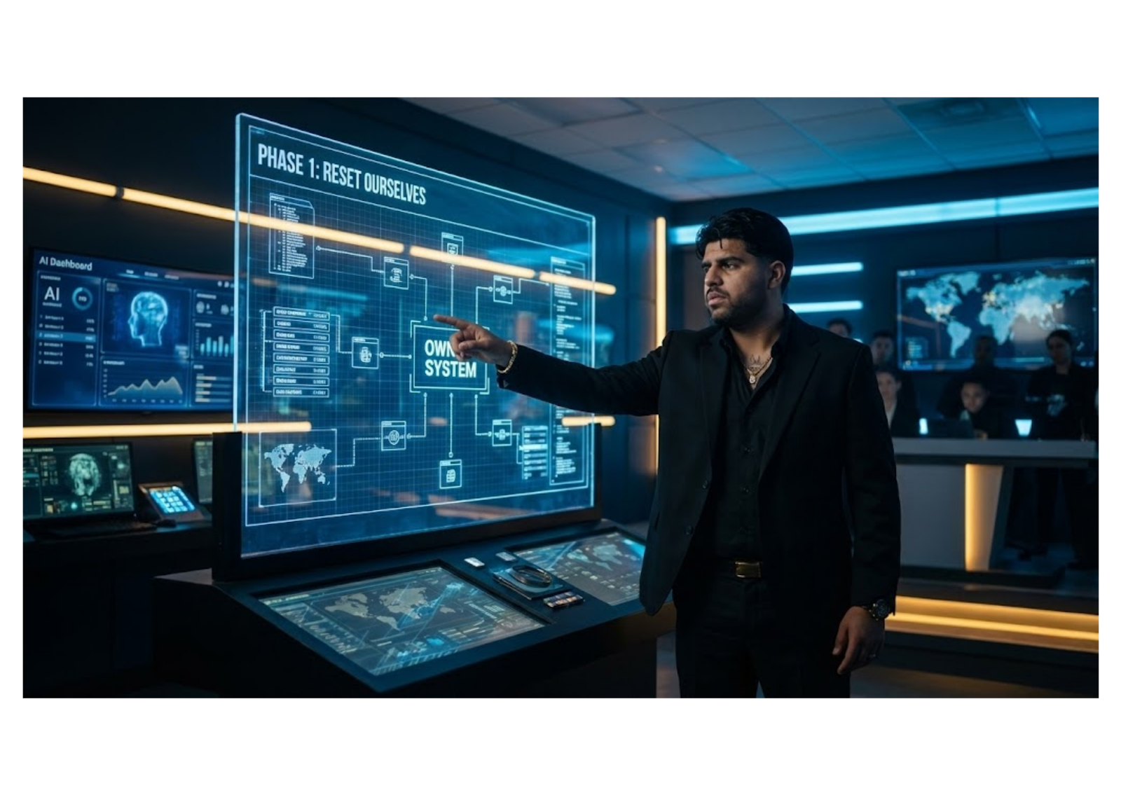 Man in control room pointing at blueprint interface titled “Own System”