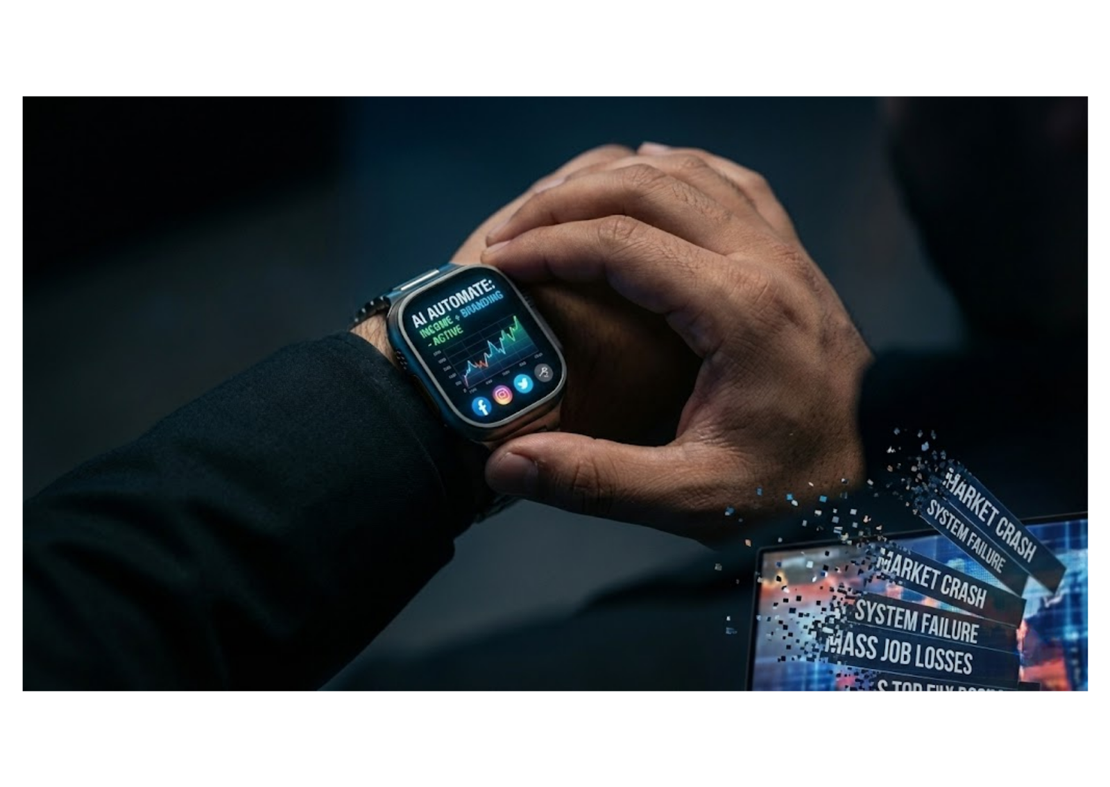 : Smartwatch displaying “AI Automate” while crisis warnings appear in the background