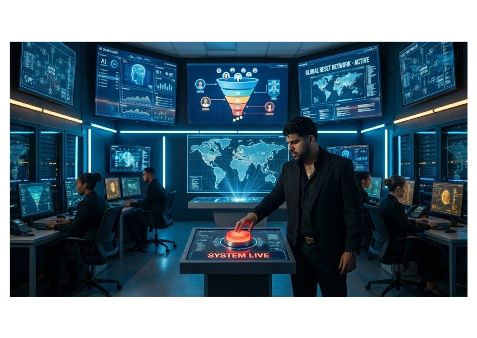 Man pressing a glowing “SYSTEM LIVE” button in a futuristic control room