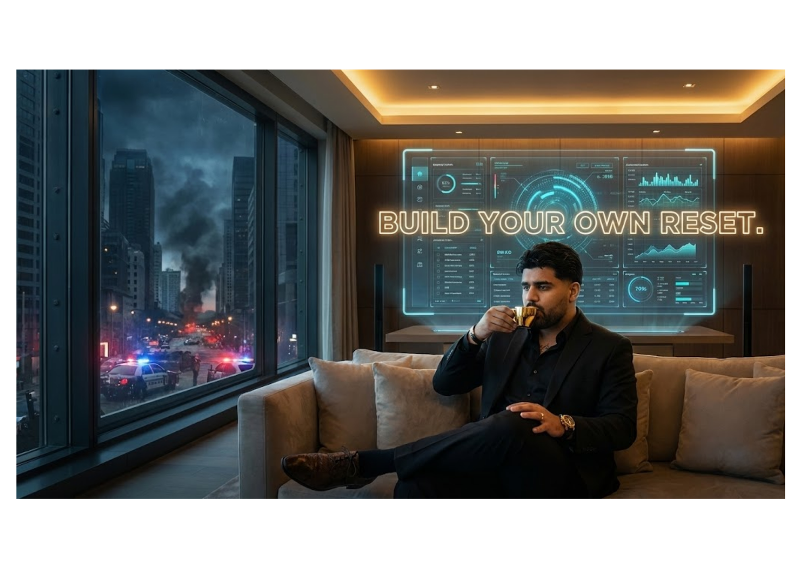 Man drinking espresso in high-tech apartment while riots unfold outside