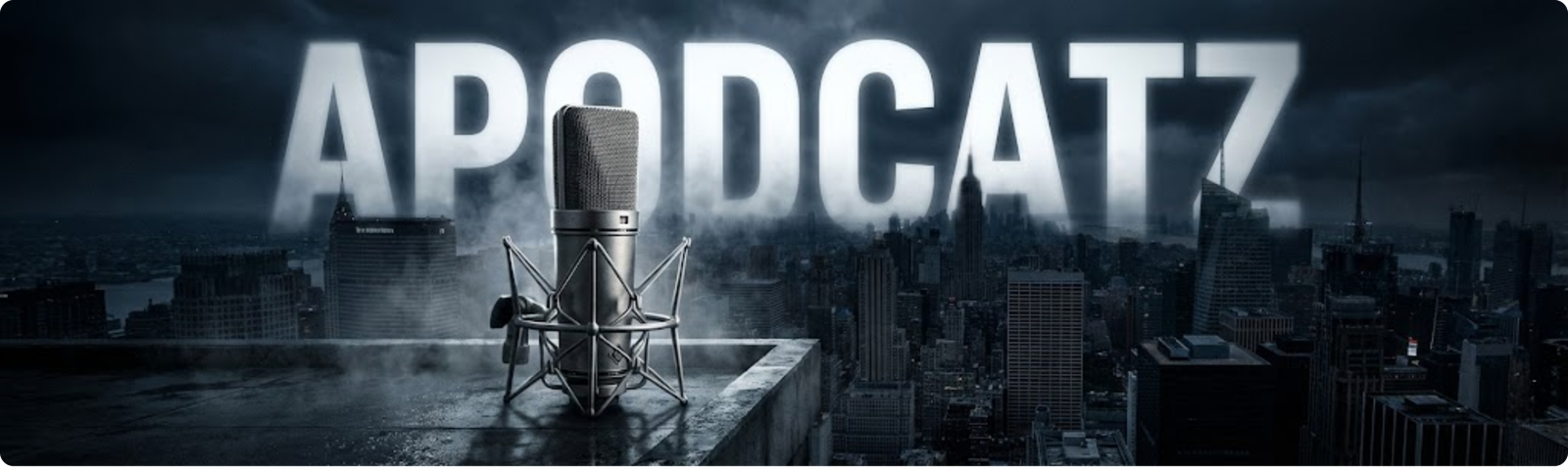 APODCATZ™ podcast header with city skyline and microphone, representing Wersin Aziz’s strategic voice platform.