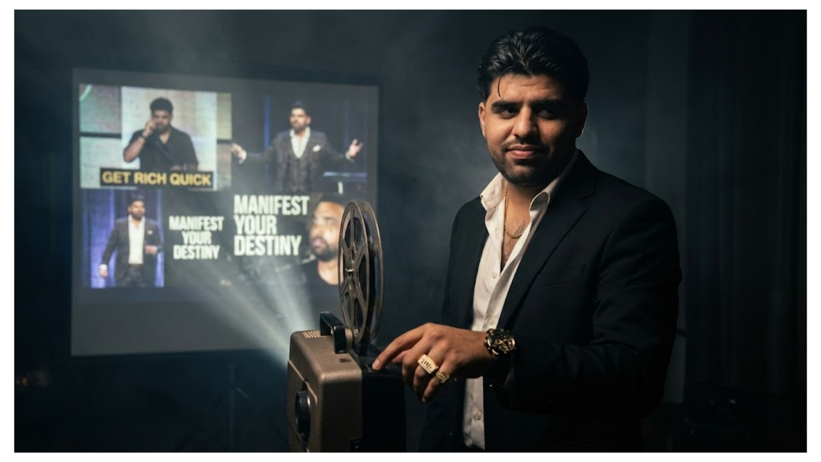 Man projecting fake guru speeches on screen, exposing illusion