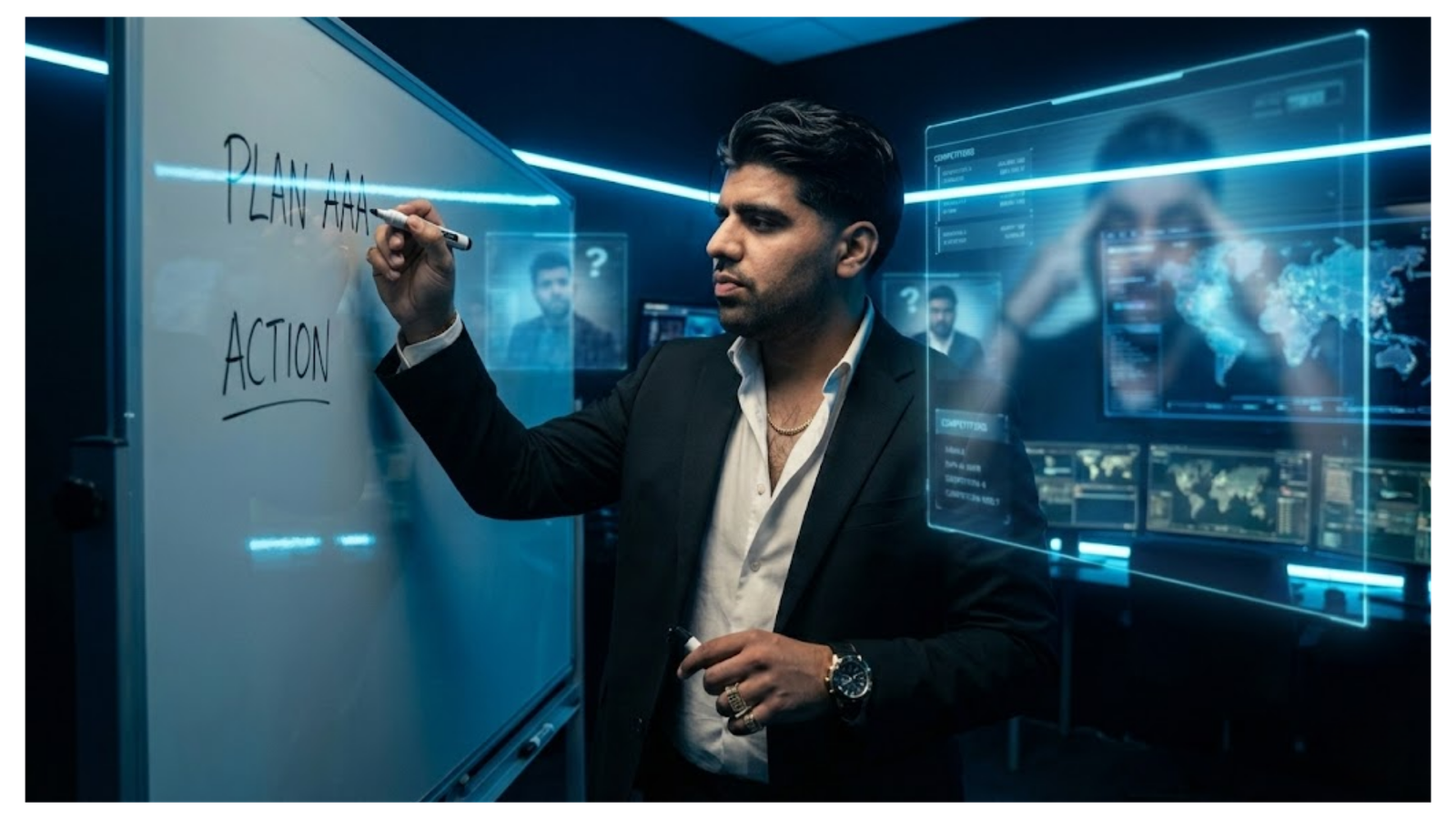 Man writing execution plan on whiteboard with digital screens behind