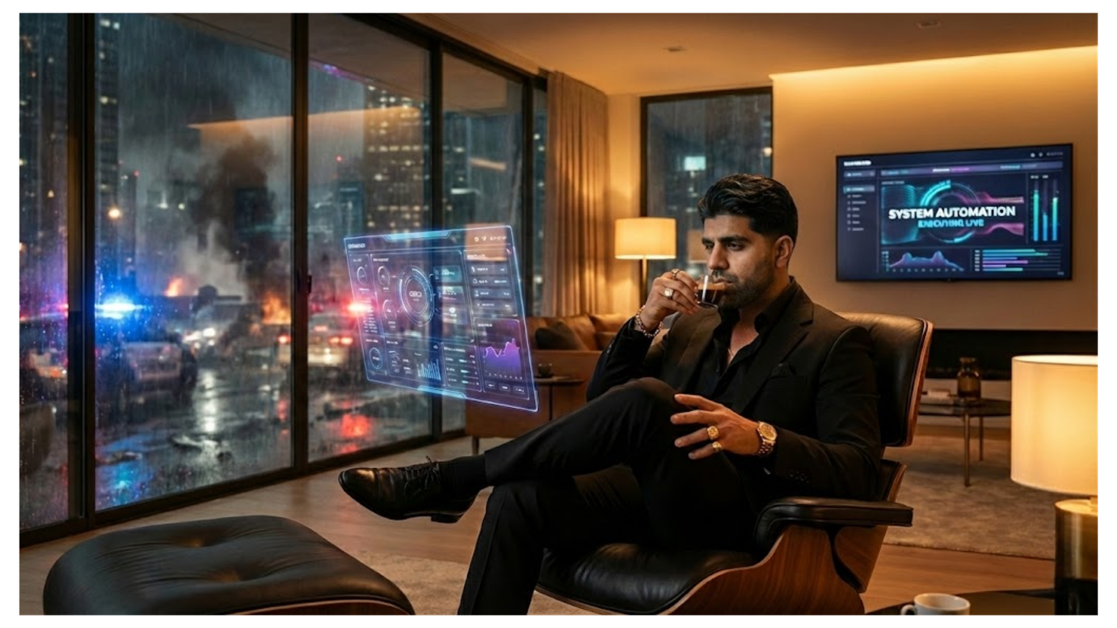 Man sitting in luxury office with digital system dashboards and city chaos outside