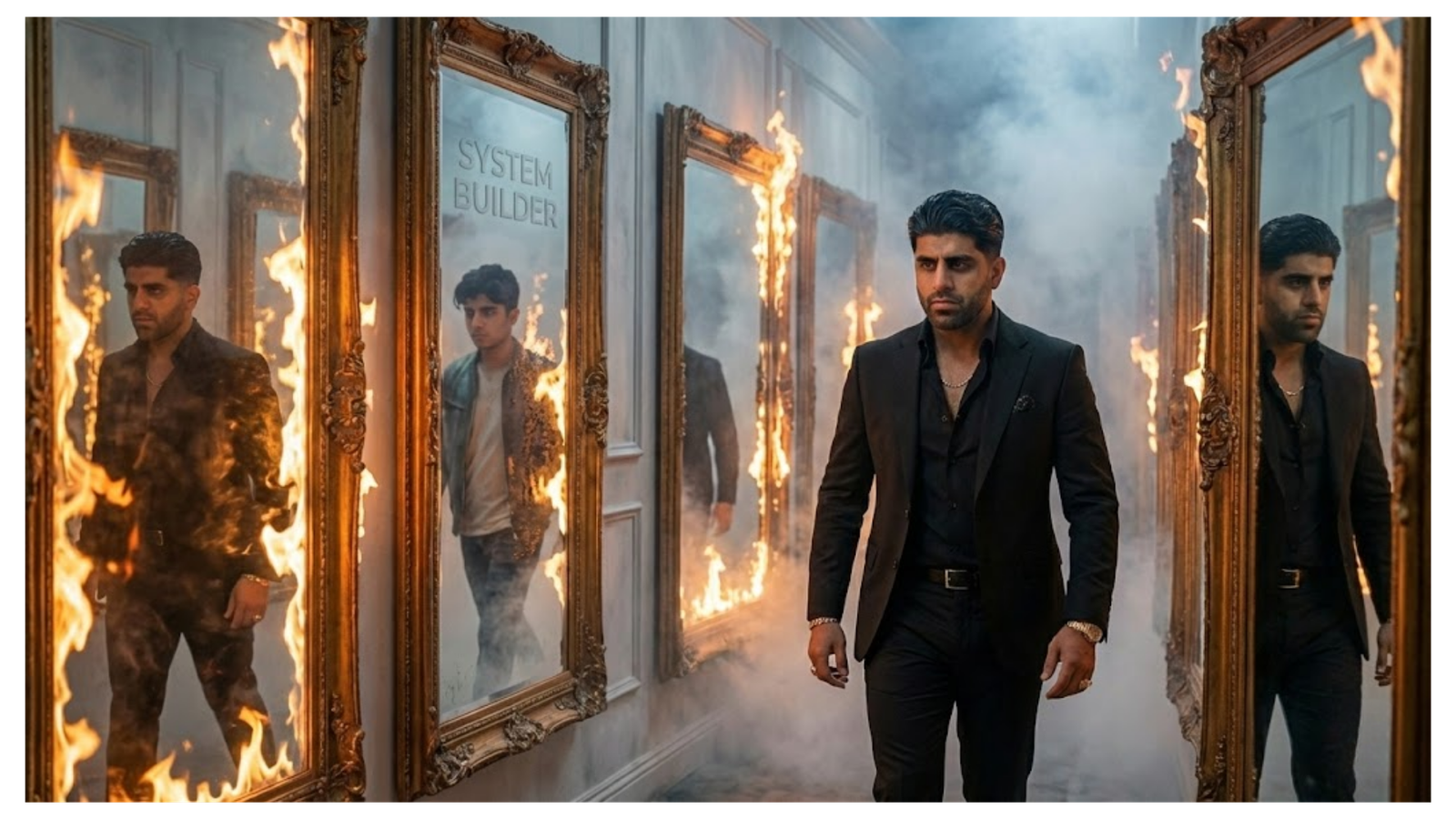 Man walking through burning mirrors representing self-transformation